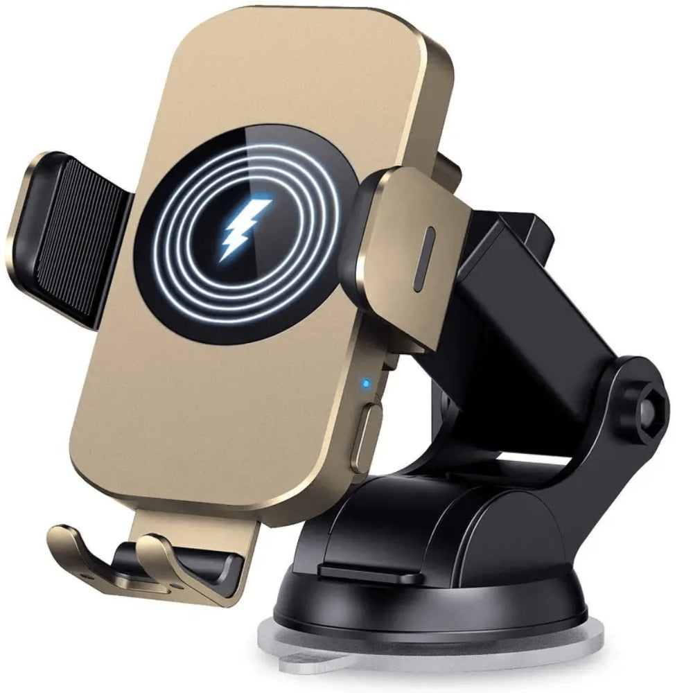 15W Auto-Clamping Wireless Car Phone Mount with Dashboard Suction Base and Blue or Gold Finish
