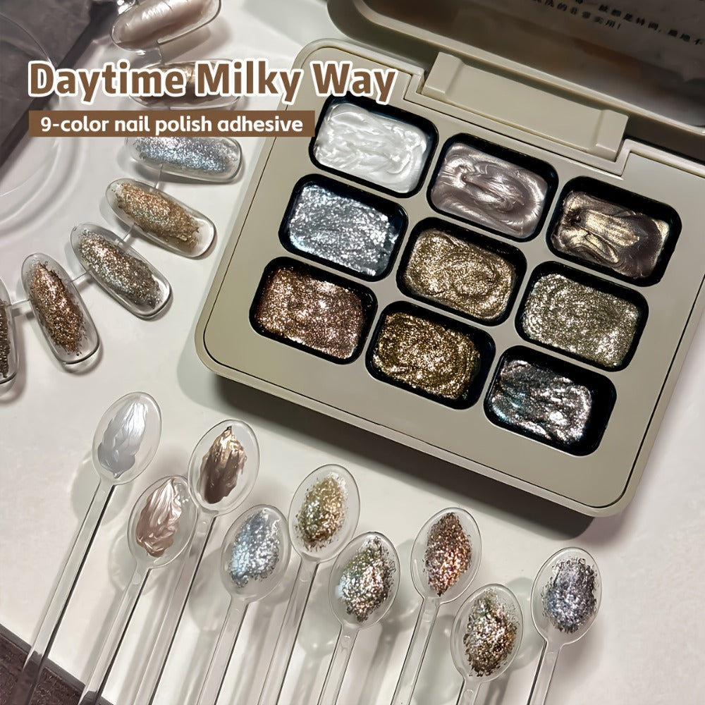 Shimmer Nail Art Gel Nine-Color Grid Palette with Metallic Neutral or Milky Way Color Selection
