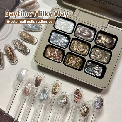 Shimmer Nail Art Gel Nine-Color Grid Palette with Metallic Neutral or Milky Way Color Selection
