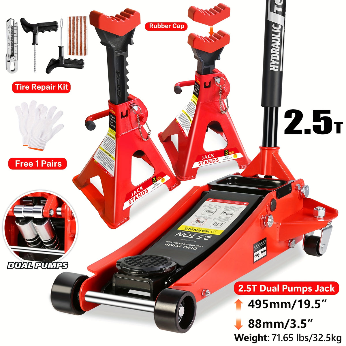 Hydraulic Floor Jack Kit 2/2.5/3 Ton Low Profile Trolley Jack with Jack Stands, Tire Repair Kit, Wheel Wrench & Wheel Chock Combo - Red/Blue
