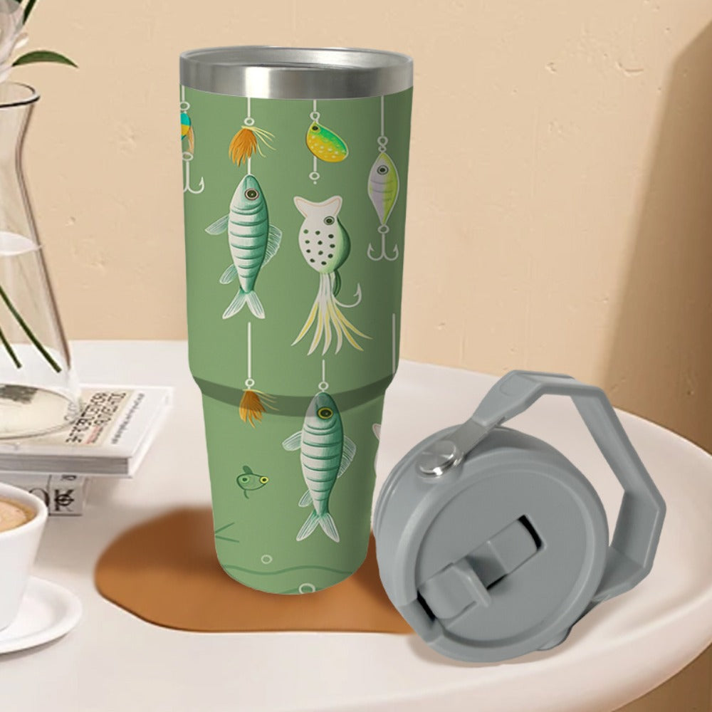 30oz Green Fish-Print Travel Mug with Carry Handle, Straw Lid and Tapered Cup-Holder Base Design