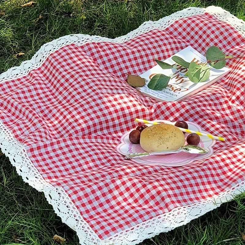 Tablecloth in Red Gingham Plaid with White Lace Edge for Picnic, Camping and Photo Backdrop Use