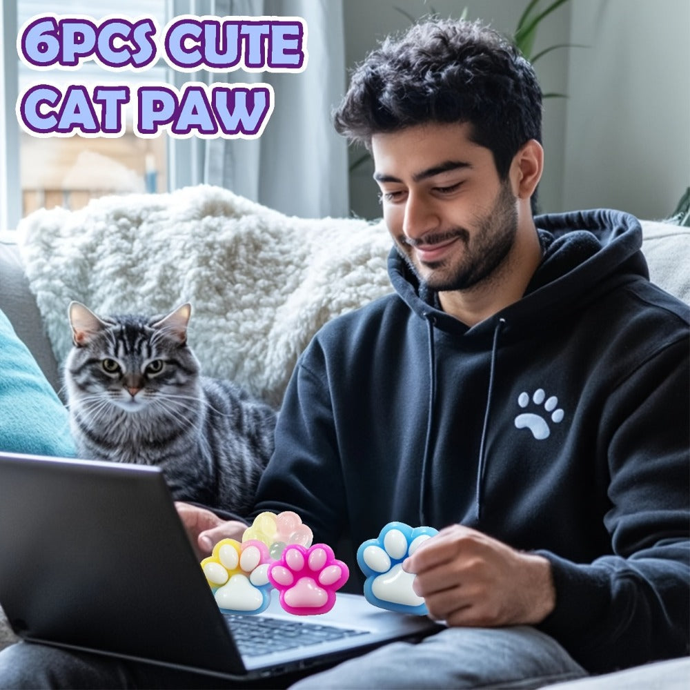 Six-Piece Cat Paw Squishy Toy Set, Approximately 2.95 Inches Each with Soft Sticky Handheld Texture