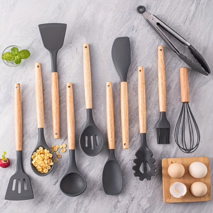 13-Piece Silicone Kitchen Utensil Set with Wooden Handles, Storage Holder and Khaki or Dark Gray Colors
