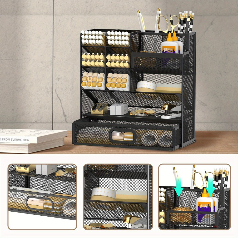 Mesh Desk Organizer with Pull-Out Drawer, Tiered Compartments and Six Color Checkout Options