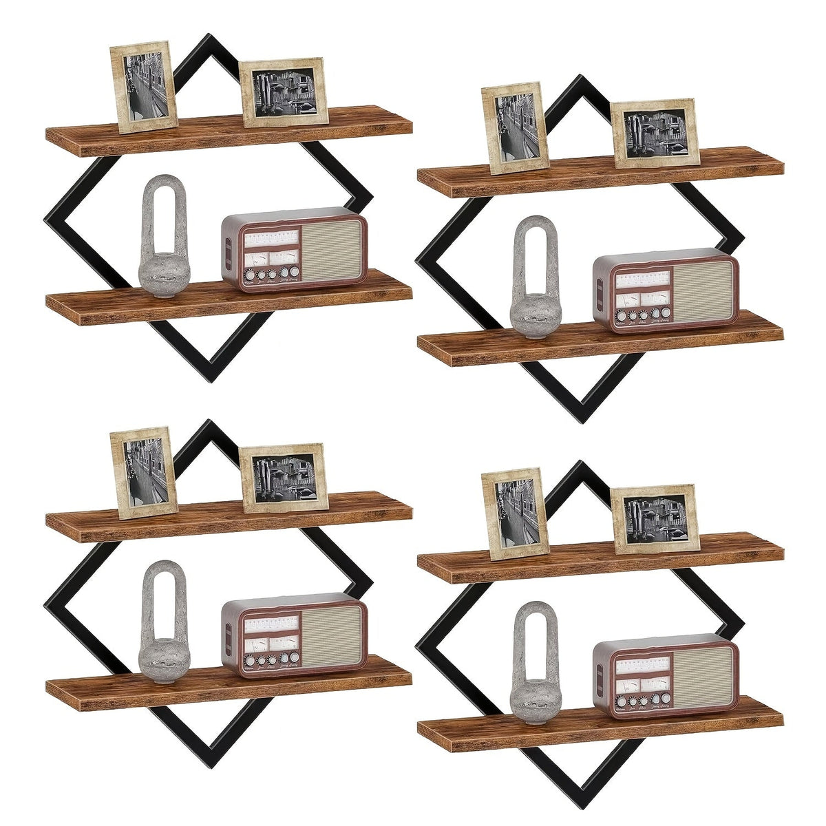 Floating Wall Shelves Double Layer Geometric Diamond Metal Wire Wood Display Stand Industrial Style for Living Room Kitchen 2 4 Pack