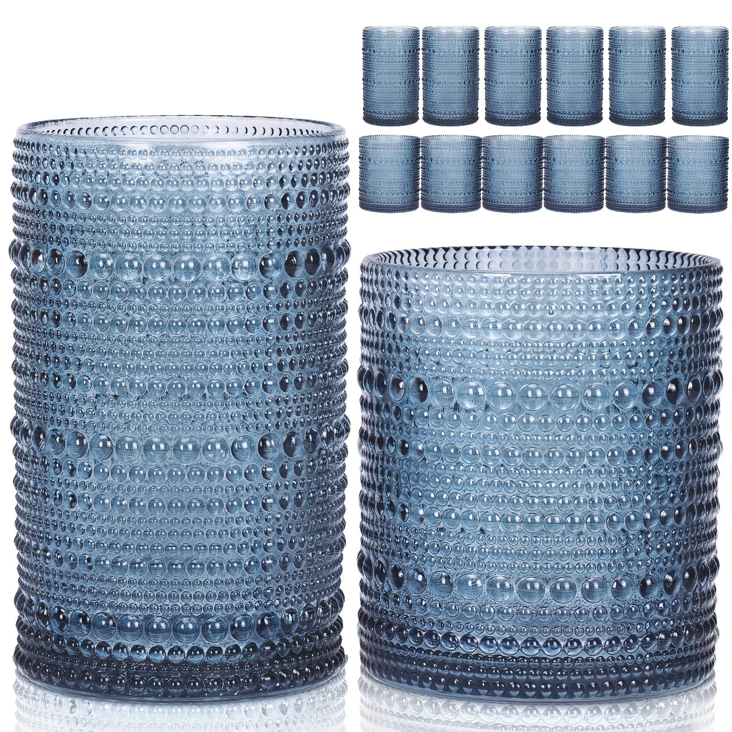 Embossed Highball Glass Drinkware Set, 12-Piece Clear, Green or Blue Cups in 10oz and 12oz Sizes