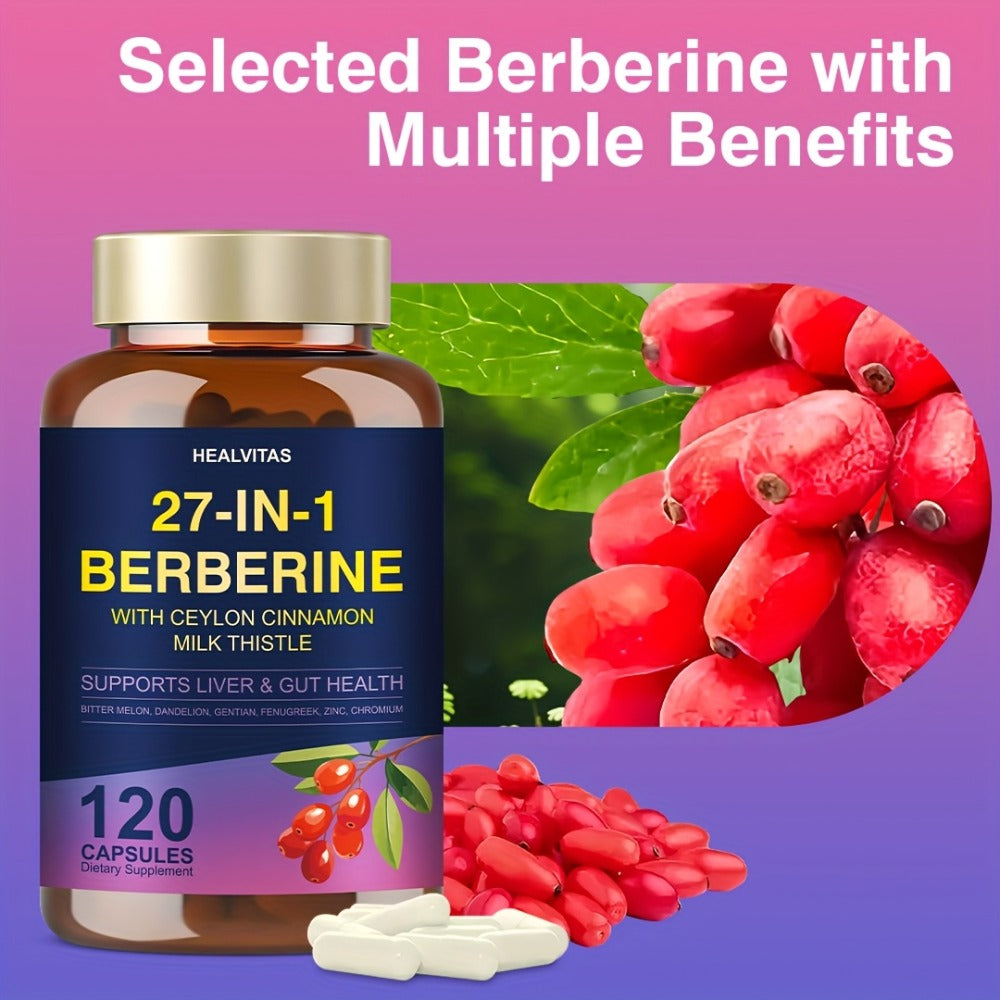 Herbal Supplements with HEALVITAS Label, 27-in-1 Berberine Formula Capsules, 120 or 360 Count
