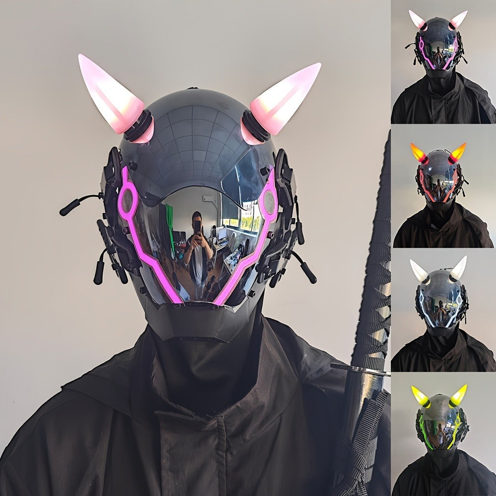 Pink LED Cyberpunk Costume Mask with Horned Full-Face Helmet, Reflective Visor and Lighted Accent Lines