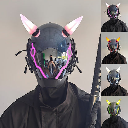Pink LED Cyberpunk Costume Mask with Horned Full-Face Helmet, Reflective Visor and Lighted Accent Lines