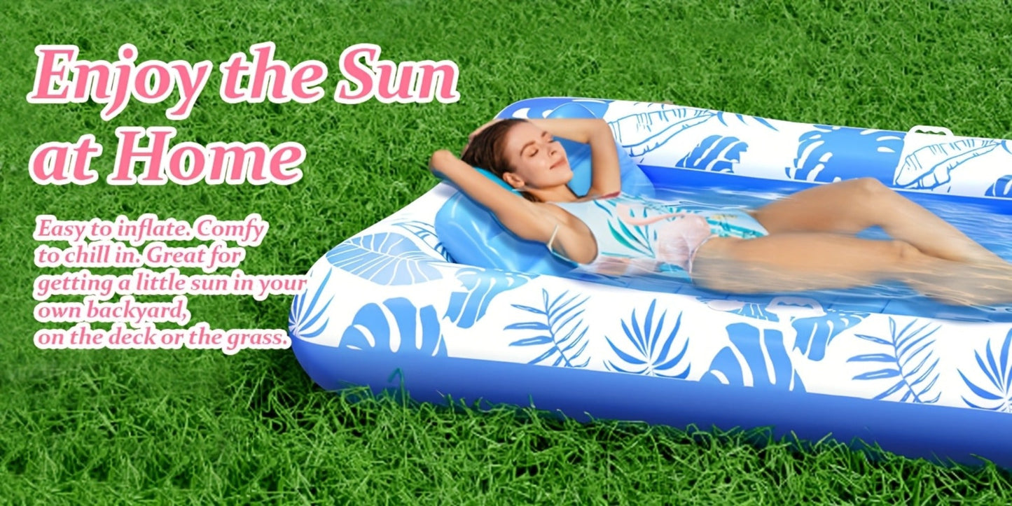 Blue-and-White Inflatable Pool Mattress with Removable Headrest, Cup Holder and 83.5 x 52.4-Inch Base