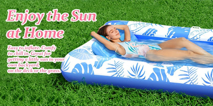 Blue-and-White Inflatable Pool Mattress with Removable Headrest, Cup Holder and 83.5 x 52.4-Inch Base