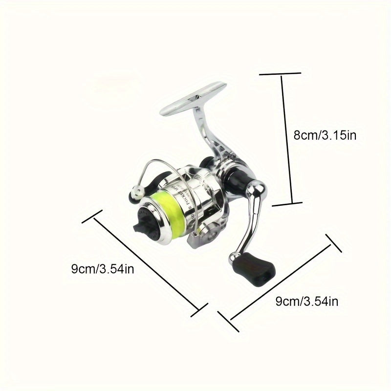 Mini Spinning Fishing Reel with Folding Handle, Green Line Spool and Compact 9 x 9 x 8 cm Profile