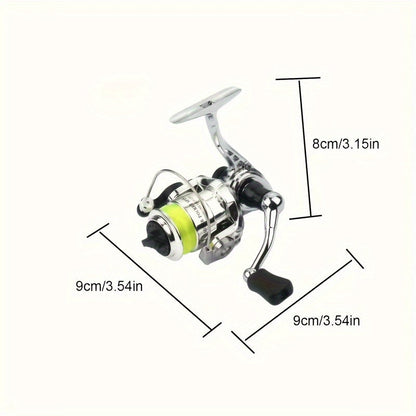 Mini Spinning Fishing Reel with Folding Handle, Green Line Spool and Compact 9 x 9 x 8 cm Profile