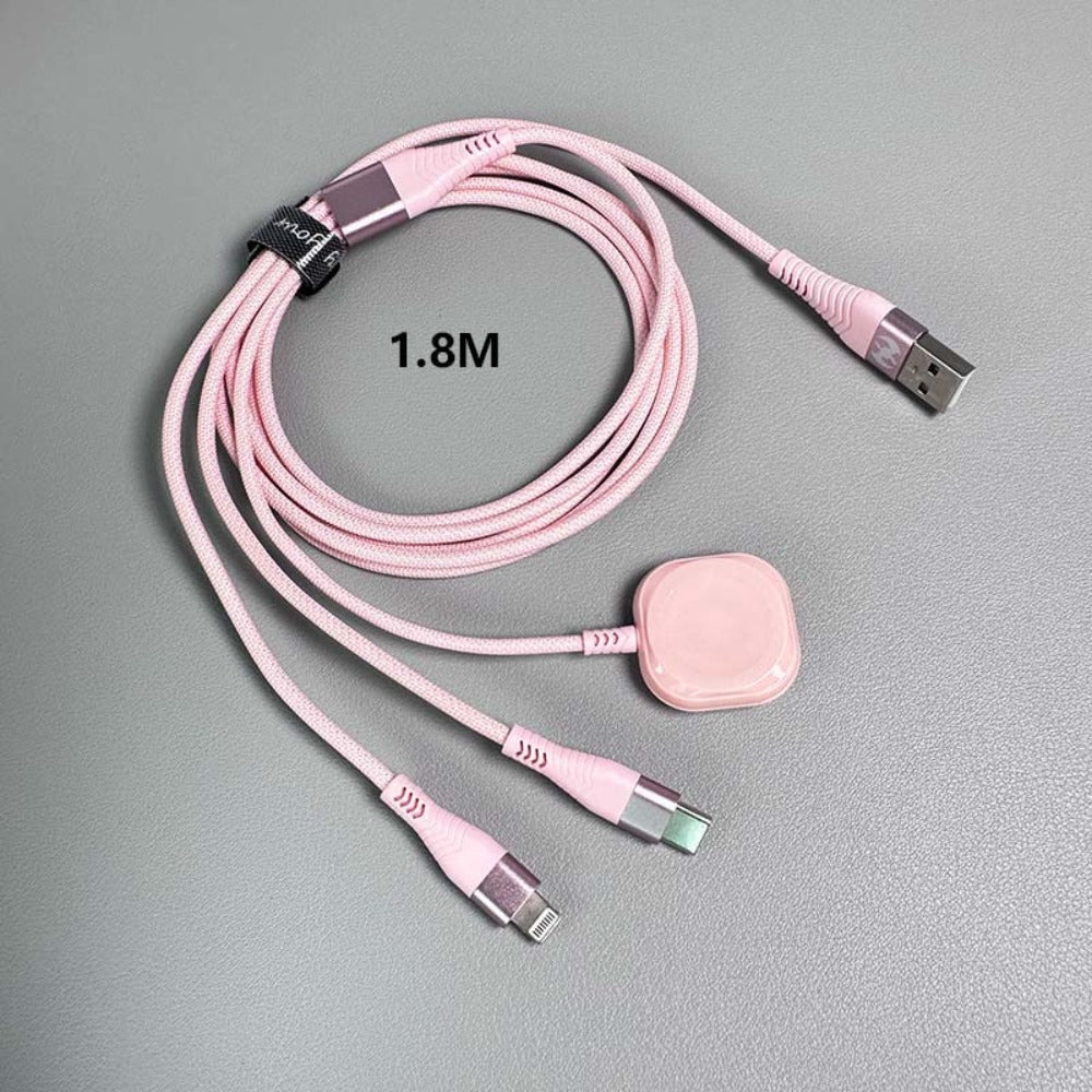 3 in 1 Charging Cable 6FT Nylon Braided USB-A to Lightning + Type-C + iWatch Magnetic Charger, Fast Charging for iPhone iPad AirPods Apple Watch Series 9 8 7 Ultra – Pink Multi Charging Cord