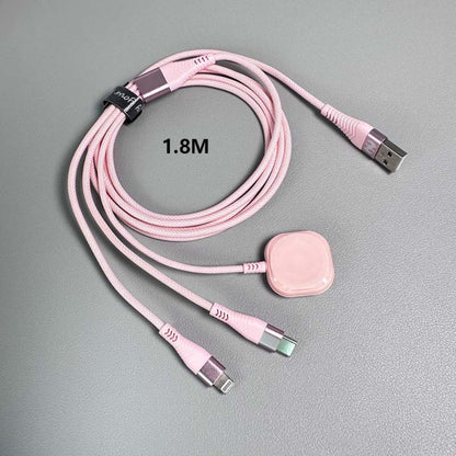 3 in 1 Charging Cable 6FT Nylon Braided USB-A to Lightning + Type-C + iWatch Magnetic Charger, Fast Charging for iPhone iPad AirPods Apple Watch Series 9 8 7 Ultra – Pink Multi Charging Cord