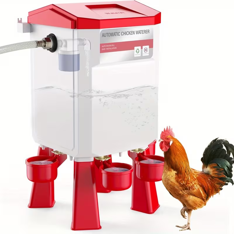 Hose-Connected Automatic Poultry Waterer with Float Valve, Four Cups and Red or Teal Color Options