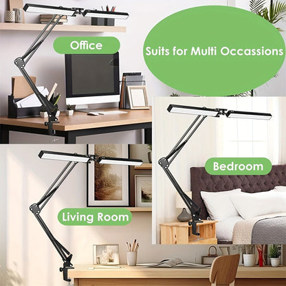 Dual-Head LED Desk Lamp with 28-Inch Light Bars, Clamp Base, USB Controller and Three Color Modes