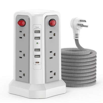Power Strip Tower with 12–16 AC Outlets, 4 USB-A, PD 20W USB-C and 1500J Surge Protection for Home Office Charging