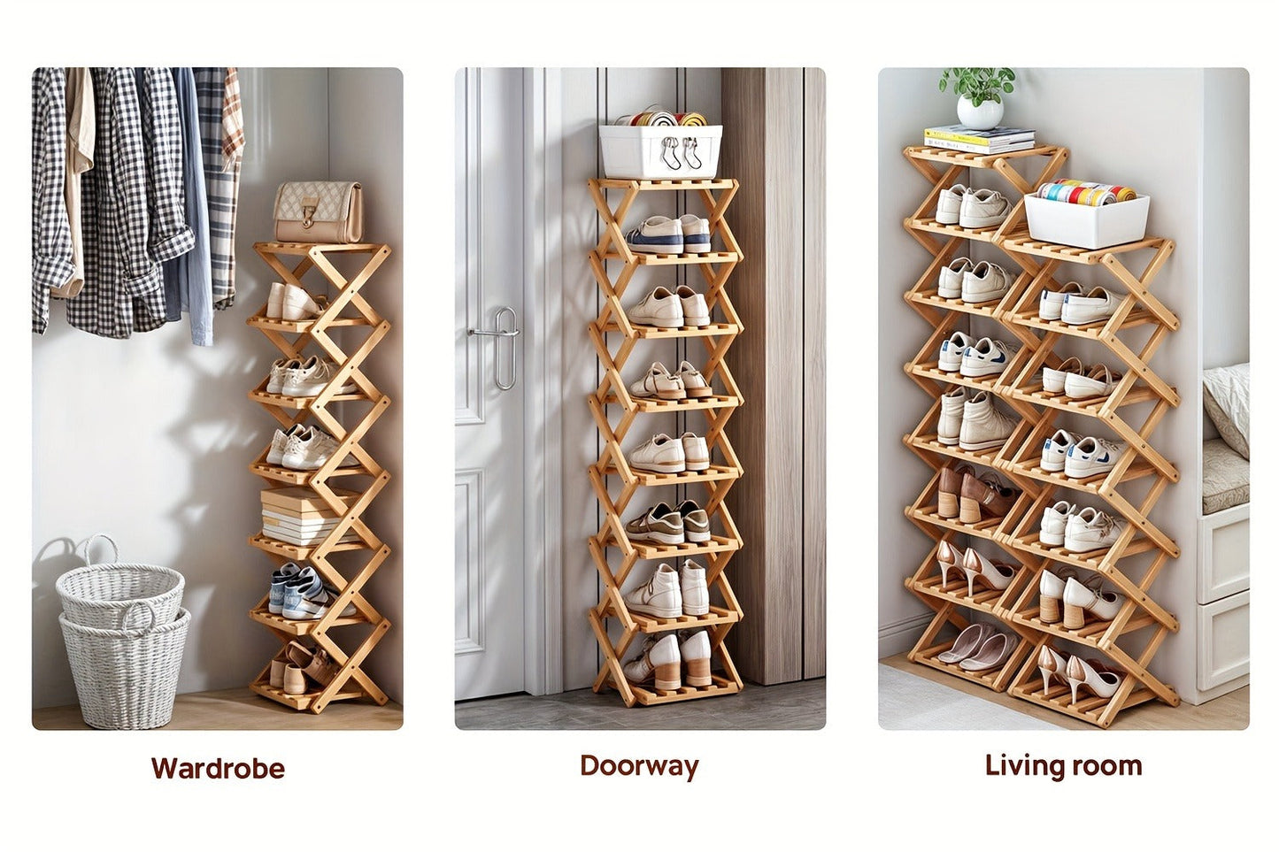 Foldable Bamboo-Labeled Shoe Rack with Six- or Eight-Tier Primary and Brown Checkout Options
