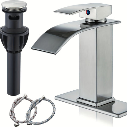 Single-Handle Waterfall Bathroom Faucet with Deck Plate, Drain Options and Single or Two-Piece Finishes