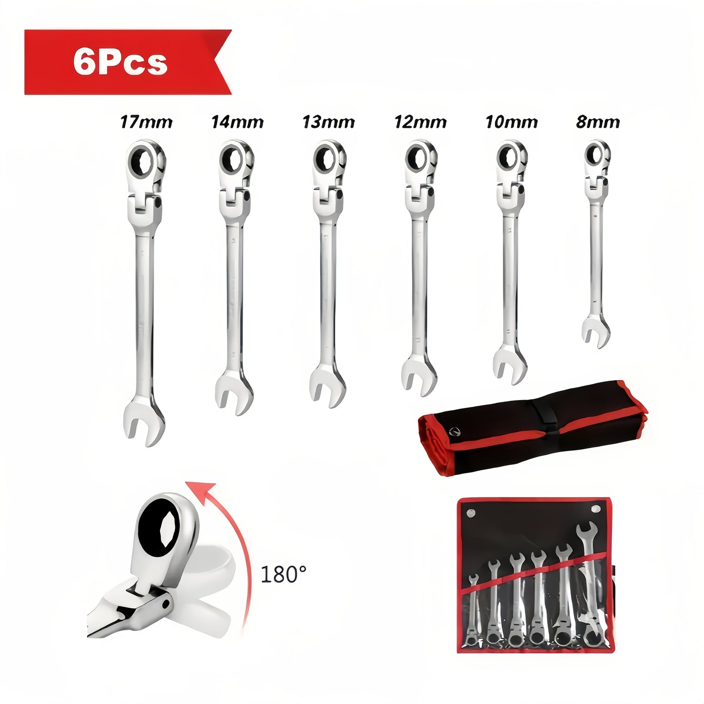 Six-Piece Double-Ended Ratchet Wrench Set with 8–17 mm Metric Sizes, 72-Tooth Heads and Storage Bag