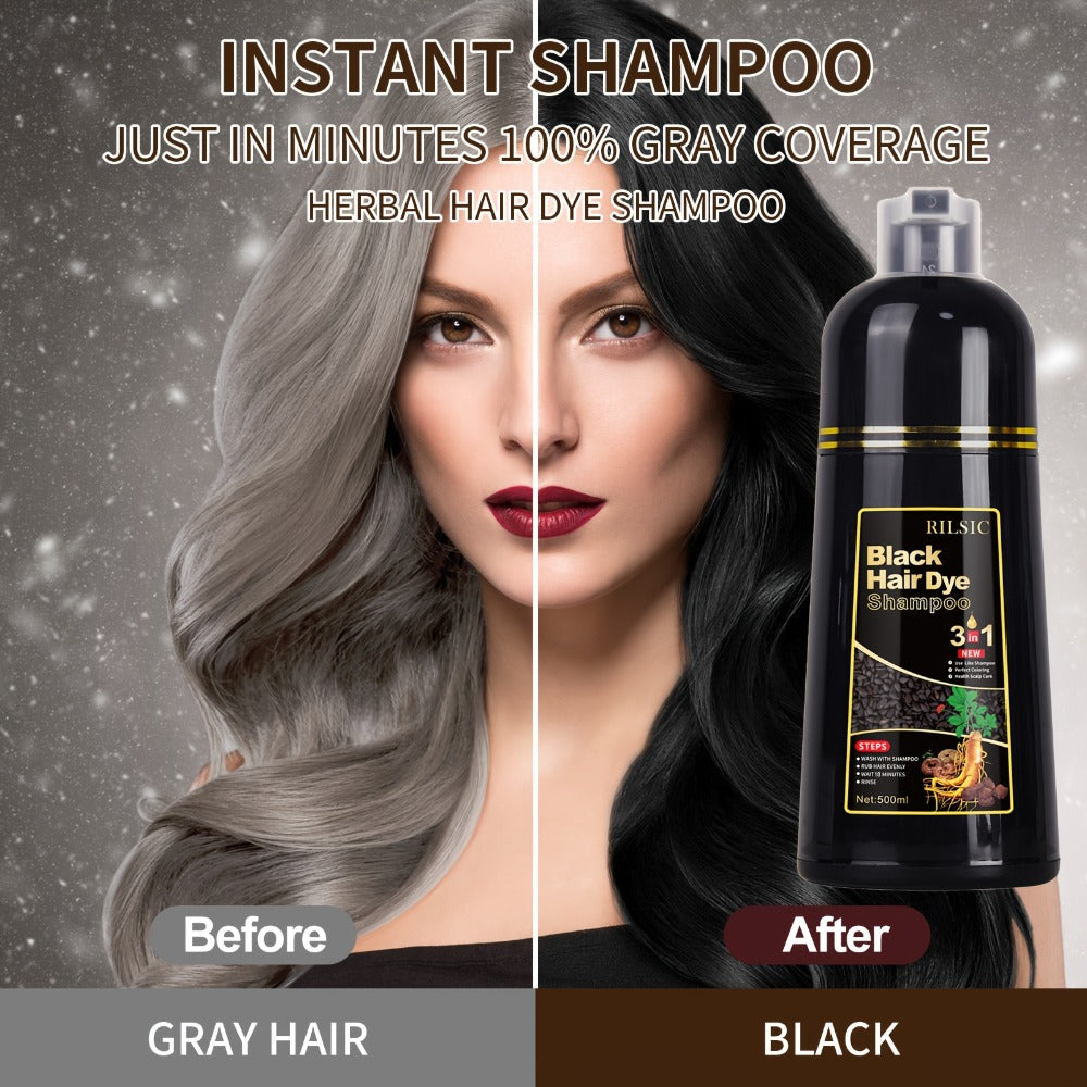 Hair Color Shampoo, RILSIC 3-in-1 Two-Pack of 500ml Pump Bottles with Black or Dark Brown Selection