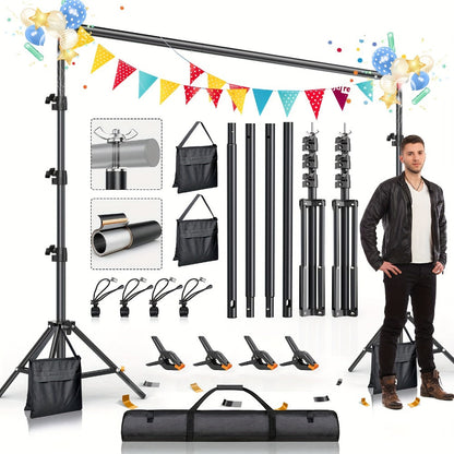 Adjustable Photography Background Stand with Carry Bag and Clamps for Portrait, Video and Streaming Setups