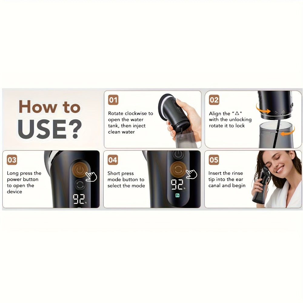 E80 Electric Ear Irrigation Kit with Three Modes, Dual Tank Sections, Temperature Display and USB Charging