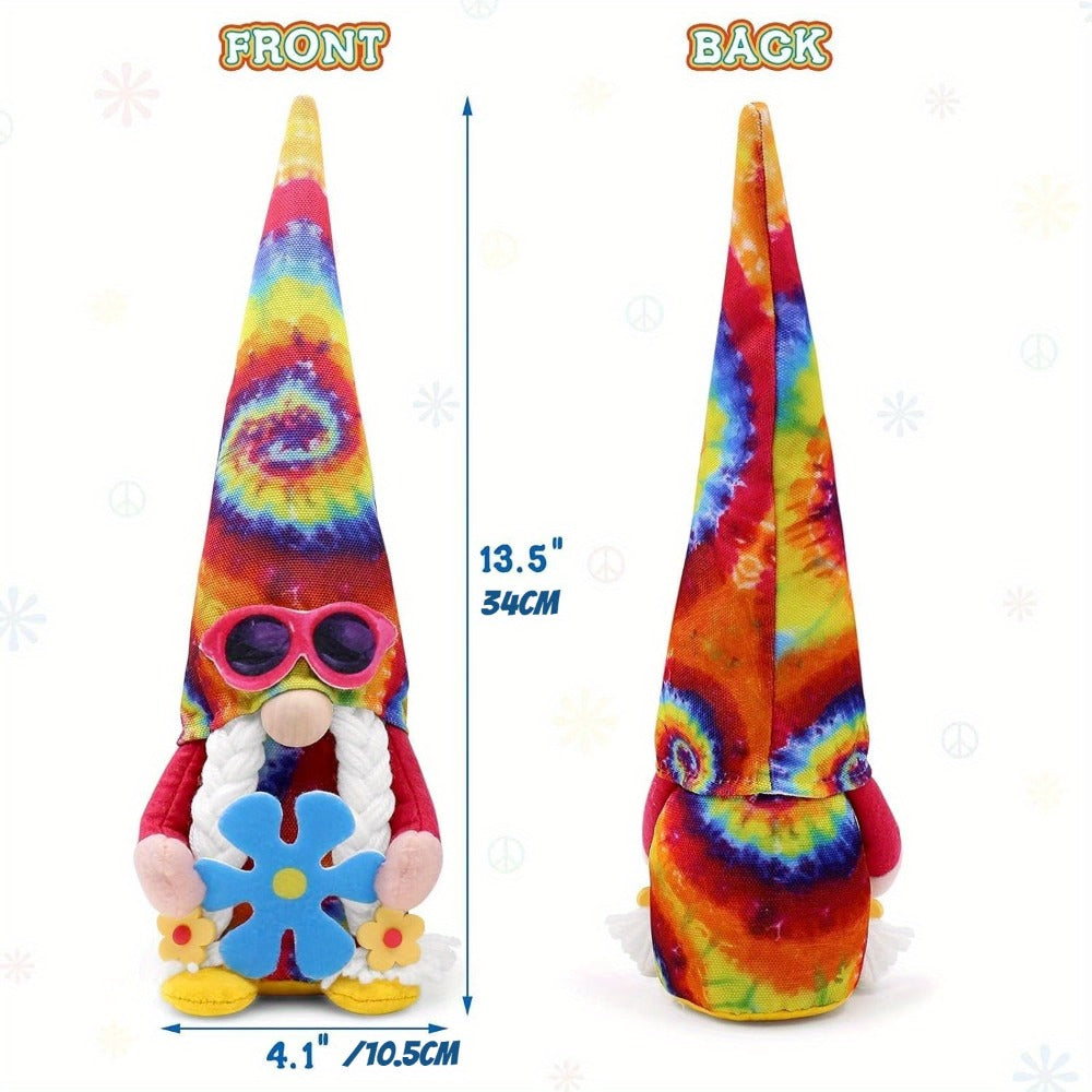 Hippie Gnomes Decorations 2 Pack – Groovy Tie Dye Tomte Figurines with Peace Sign & Fashion Glasses, 13.5" Swedish Gnome Shelf Sitters for Farmhouse, Christmas, Halloween & Party Decor