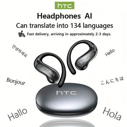 HTC NE19 Open-Ear AI Translation Earbuds with Oval Charging Case in Black, Gunmetal, Beige or Purple