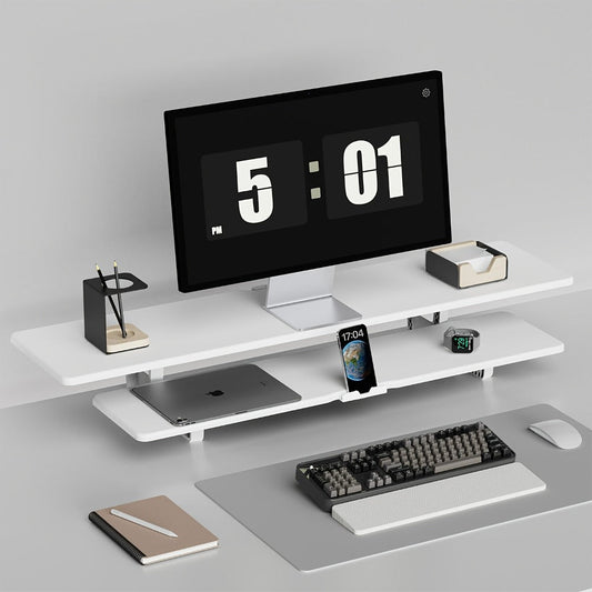 Dual Monitor Stand Riser with Storage E-Sports Style, Adjustable Height Ergonomic Desk Organizer with Cable Management, Modern Minimalist Desktop Stand for Home Office Gaming Setup, Black & White
