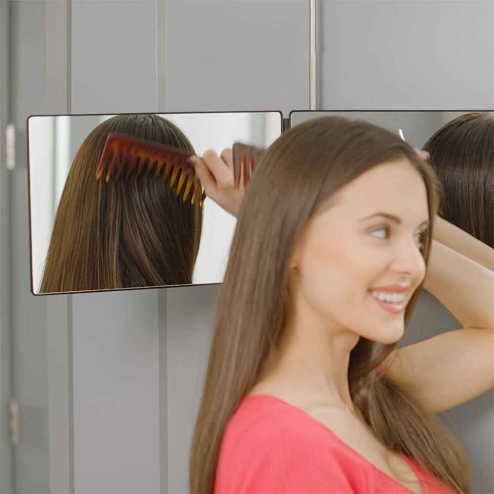 Folding 3 Way Mirror for Hair Cutting 360° View HD Glass, Three-Sided Barber Mirror Adjustable Height Telescopic Door Hook Wall Mount USB Powered, Self Haircut Mirror for Men Women Shaving Beard Makeup