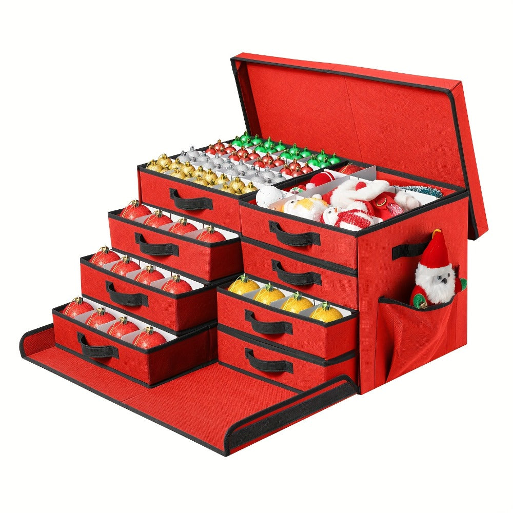Christmas Ornament Storage Box with 128 Compartments, Eight Removable Trays and Red or Green Color Options