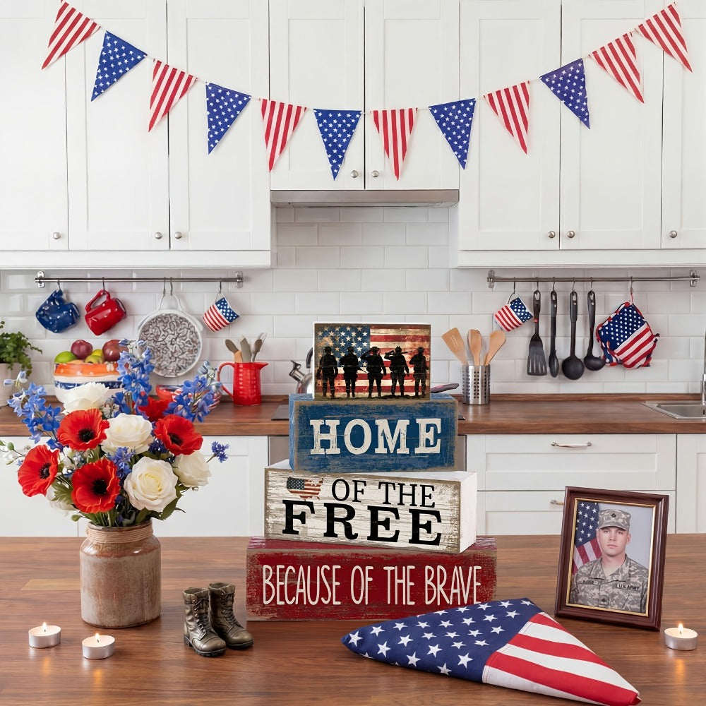 Home of the Free Patriotic Wooden Block Sign with Four-Tier Red, White and Blue Tabletop Design