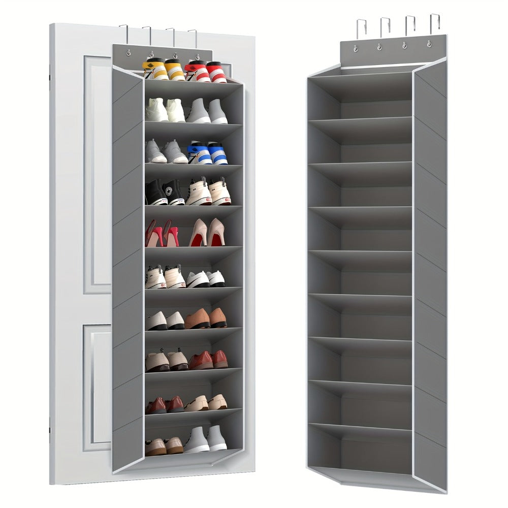 Shoe Rack 10-Tier Space-Saving Over-the-Door Organizer for Up to 20 Pairs with 4 Metal Hooks in Gray
