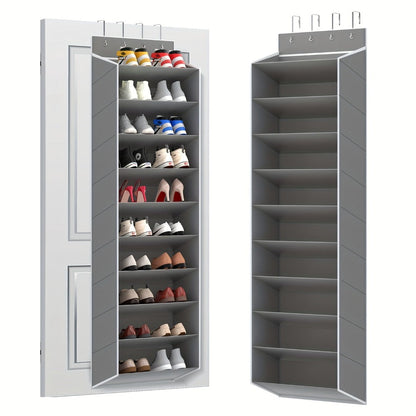 Shoe Rack 10-Tier Space-Saving Over-the-Door Organizer for Up to 20 Pairs with 4 Metal Hooks in Gray