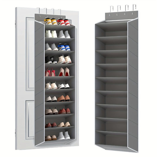 Shoe Rack 10-Tier Space-Saving Over-the-Door Organizer for Up to 20 Pairs with 4 Metal Hooks in Gray