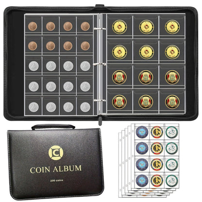 200-Pocket Coin Collection Album with 10 Pages, Zipper Handle and Black or Blue Cover for Adult Collectors