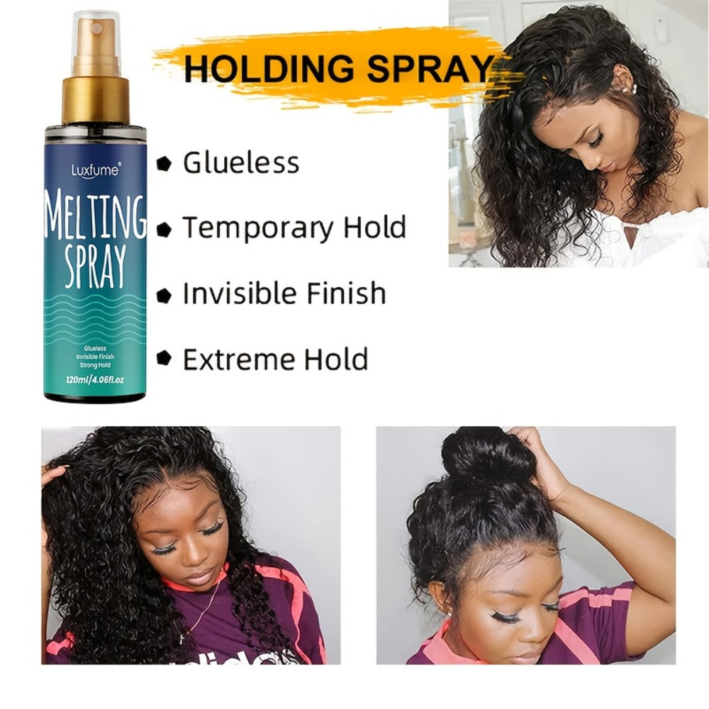 Lace Melting Spray Kit with Bold Hold Hair Glue & Remover 120ml 24H Long Lasting Quick Dry No Residue Edge Control Safe for Sensitive Scalp Lace Front Wig Adhesive Kit with Hair Band