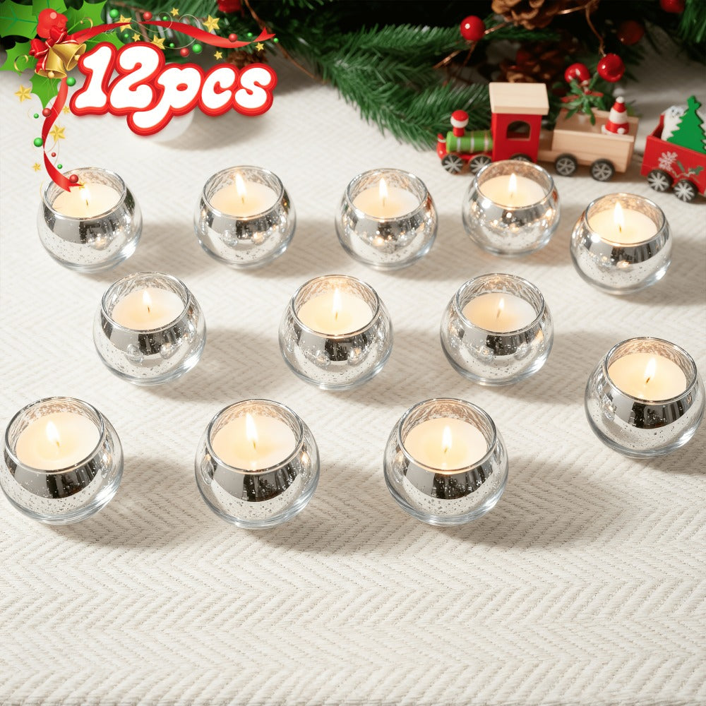 Votive Candle Holders Bulk - High Temperature Glass Hurricane Candle Holders for Weddings, Parties & Romantic Dinners, Starlight Shimmer Effect, Set of 6/12/24, Golden, Pink, Silver & Green