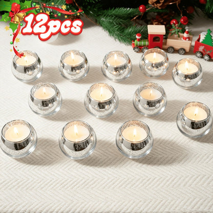 Votive Candle Holders Bulk - High Temperature Glass Hurricane Candle Holders for Weddings, Parties & Romantic Dinners, Starlight Shimmer Effect, Set of 6/12/24, Golden, Pink, Silver & Green
