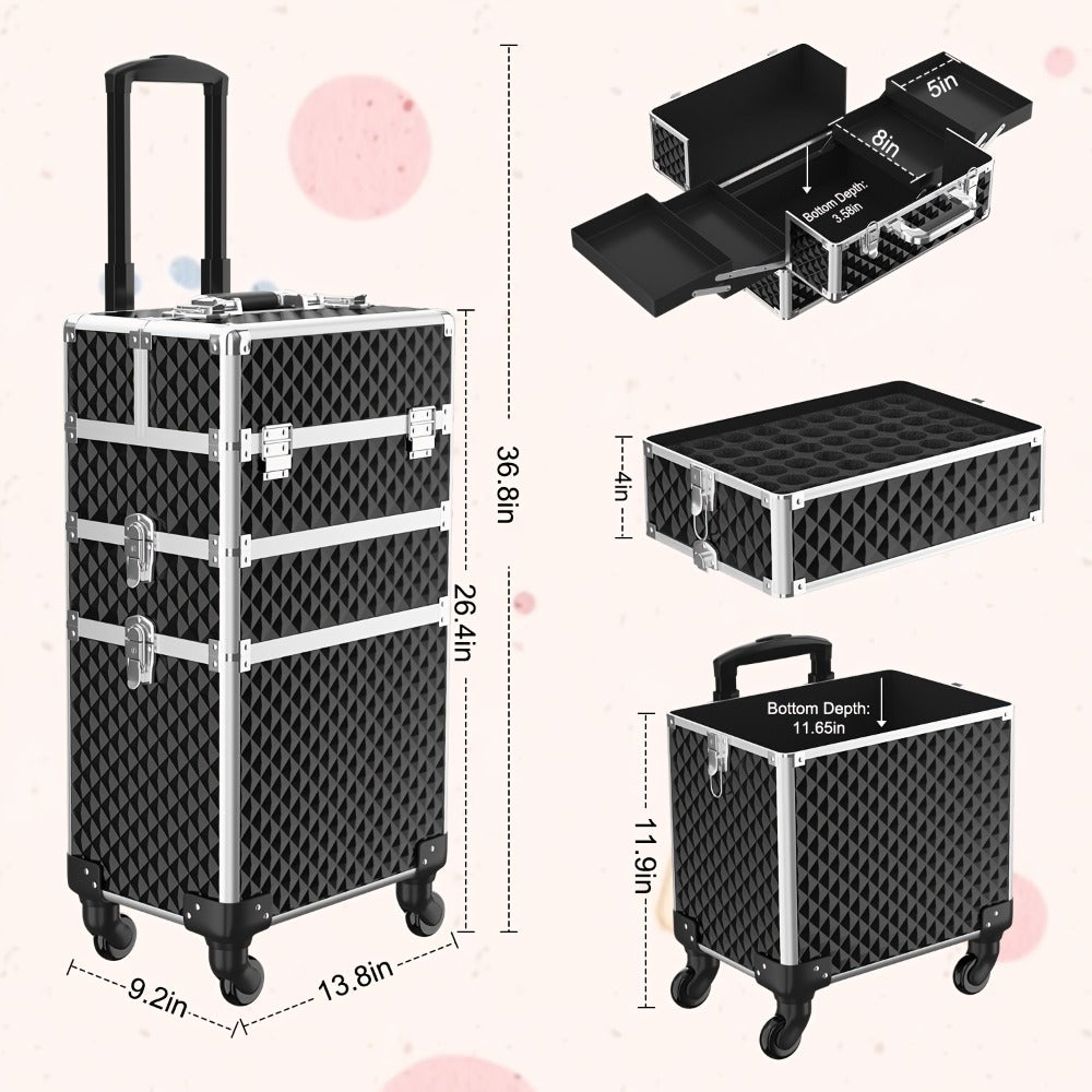 Rolling Makeup Train Case 3-in-1 Large Capacity Professional Cosmetic Trolley Swivel Wheels Lock Key Sponge Set Included Salon Barber Artist Travel Cart Trunk Black Pink