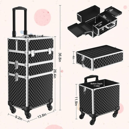 Rolling Makeup Train Case 3-in-1 Large Capacity Professional Cosmetic Trolley Swivel Wheels Lock Key Sponge Set Included Salon Barber Artist Travel Cart Trunk Black Pink