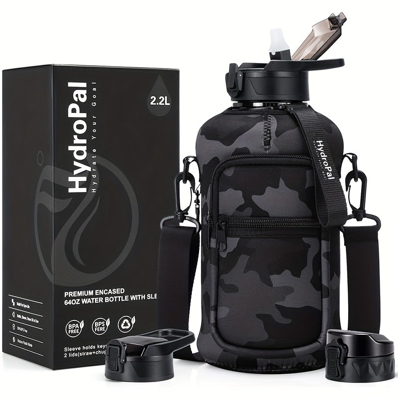 74oz Water Bottle Set with Two-Pocket Storage Sleeve, Phone Holder, Straw and Chug Lids, and Three Dark Prints