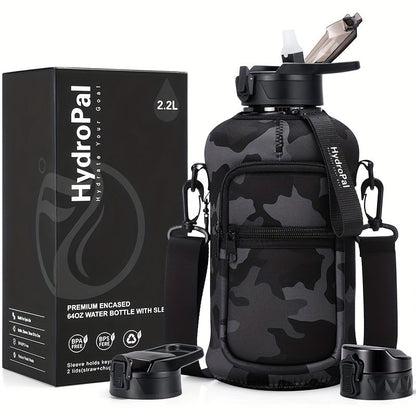 74oz Water Bottle Set with Two-Pocket Storage Sleeve, Phone Holder, Straw and Chug Lids, and Three Dark Prints
