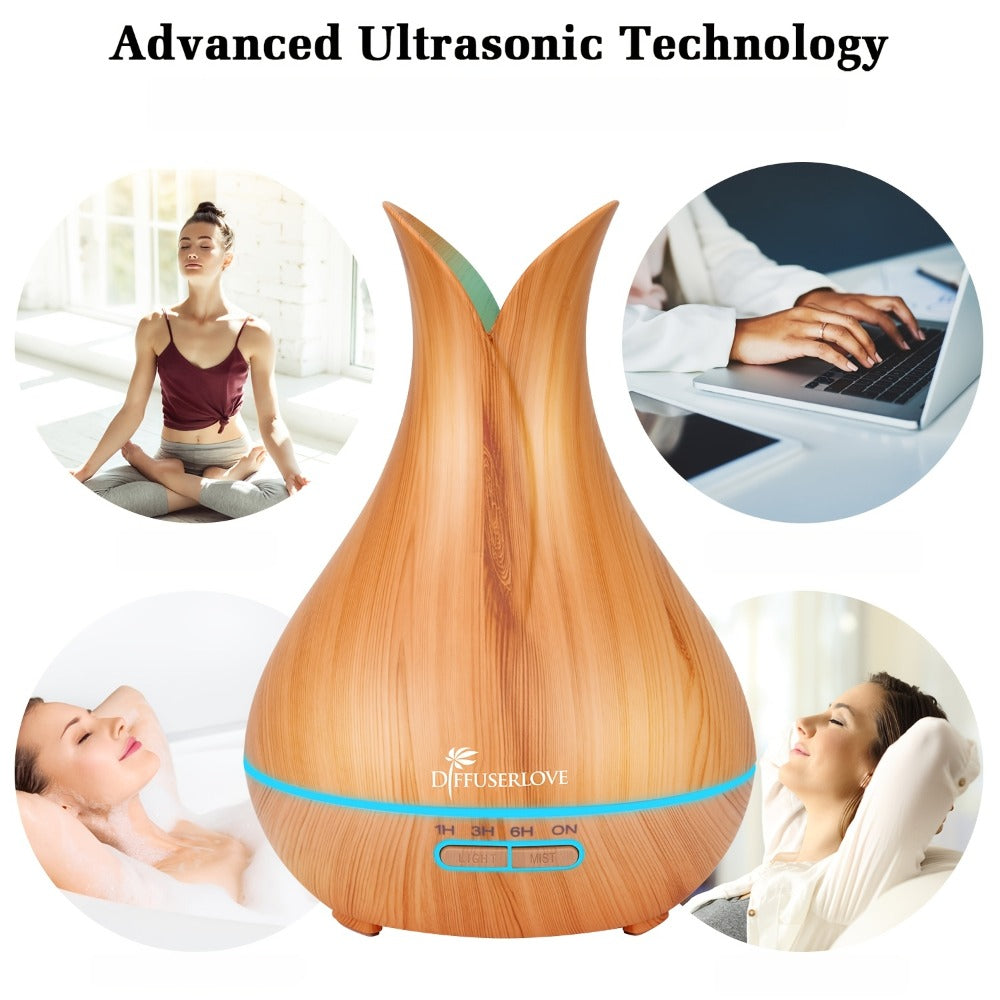 400ml Aroma Diffuser with Continuous or Intermittent Mist, Seven-Color Light, Three Timers, Remote and Eight Oils