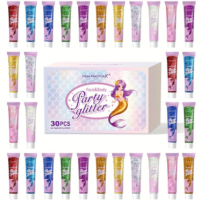 30-Piece Face and Body Glitter Gel Set with Mermaid Shapes, Stars and Hearts for Festival Makeup