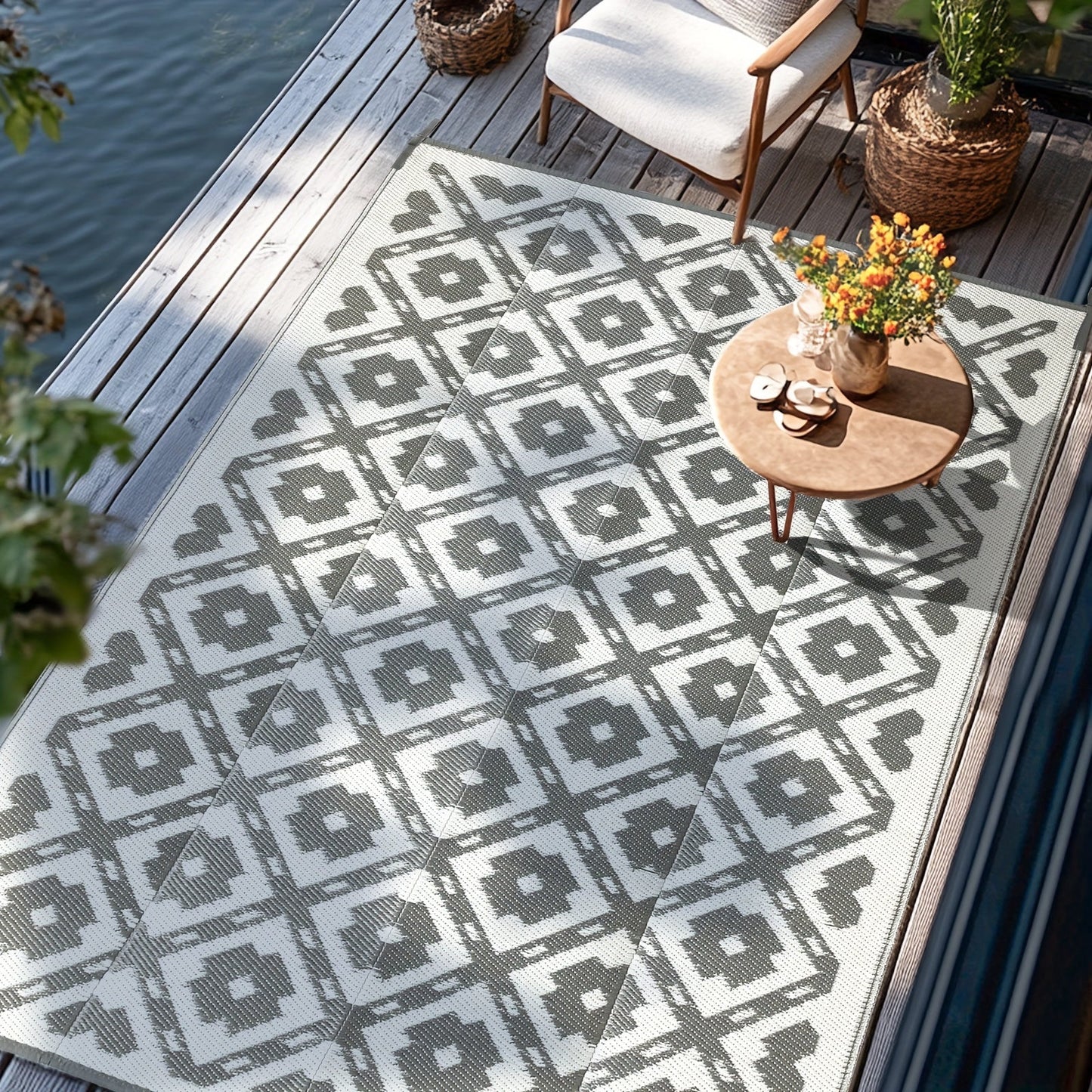 Outdoor Area Rug Waterproof Foldable Picnic Mat for Patio Balcony RV Camping Beach Garden – Blue Clover & Gray, Multiple Sizes