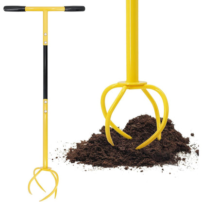 Yellow Manual Twist Tiller with Four Curved Soil Claws, T-Handle and Detachable Three-Section Shaft